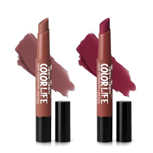 Image of TEEN TEEN Color Life Nontransfer Crayon Lipstick |Matte Finish with Built-in Primer |Waterproof & Long Lasting Lip Color |Smudge-Proof, Fade-Resistant Formula | Combo Color (Caramel Nude, Carnation)