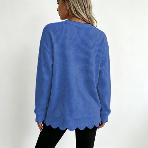 Crew Neck Sweatshirts Women Waffle Oversized Cute Scalloped Sweatshirt - image 2