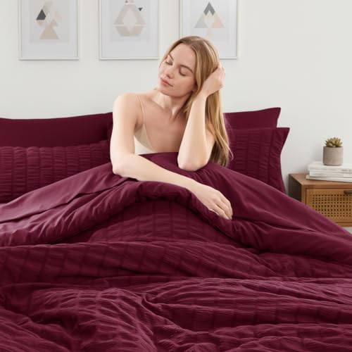 Image of HIMEET Full Comforter Sets, 7-Piece Seersucker Bed in a Bag, Burgundy | 90 GSM Brushed Fabric, 240 GSM Fill, 14-Inch Deep Pocket, OEKO-TEX Certified, Soft & Lightweight for All-Season Use