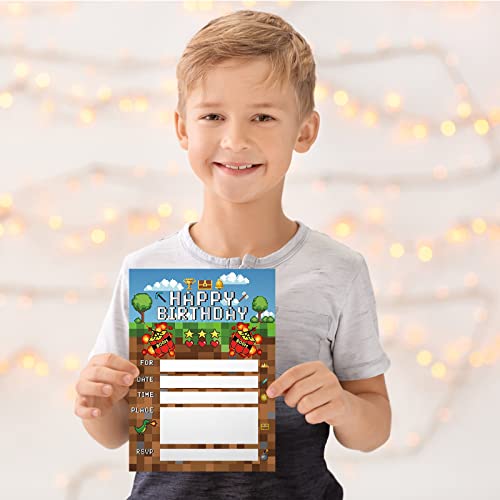 25 Pieces Pixel Video Birthday Party Supplies Game Themed Party Invitations Invite Card With Green Envelopes For Boy Kids Pixel Gamer Party Decorations Supplies #TOP4