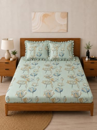 Image of 380 TC Premium Glace Cotton Elastic Fitted Bedsheet King Size with 2 Pillow Covers King Size | Double Bed with All Around Elastic (White Floral Print, Fitted - Double72x72)
