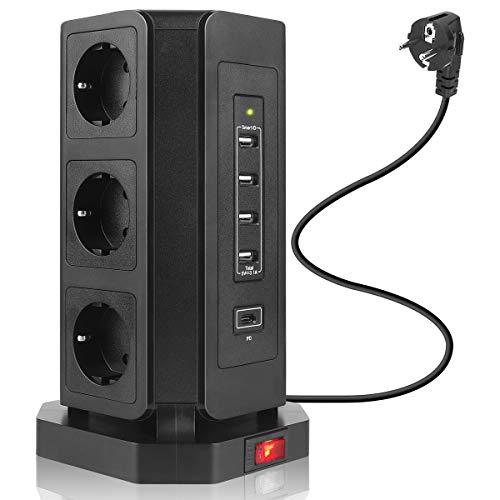 HOVNEE Regleta múltiple con 9 enchufes (2500 W/10 A) con 4 puertos USB-A y 1 puertos USB-C de carga y cable de 2,0 m (5 V/3,1 A), protección contra sobretensión y protección contra cortocircuitos.
