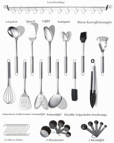 Berglander Küchenutensilien Set 38 teilig, Edelstahl Kochgeschirr Set, Küchenhelfer Kochgeschirr mit Utensilienhalter und Haken zum… – Ansicht 2