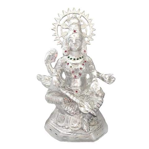 Divya MantraHindu Goddess Maa Veena Vadini Saraswati Idol Sculpture Statue Iron Murti Puja Room, Temple, Meditation, Office, Business, Home Decor Gift Collection Item/Product- Money, Good Luck-Silver