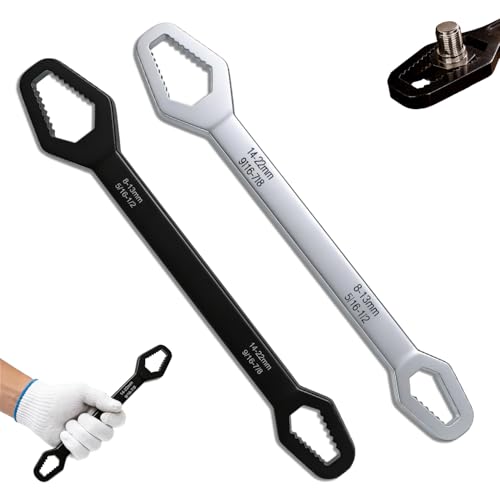 Universal Double Ended Wrench Self-Adjusting Double Head Spanner Set 14-22mm & 8-13mm Multi-Size Wrench Tool for Car Repair Home Improvement Plumbing (Black+Silver)