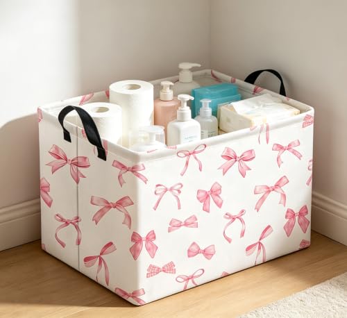 Image of Rectangle Storage Basket with Handles,Waterproof Books Bin,Gift Basket,Room Decor(Pink Bowknot)