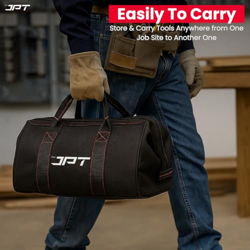 Image of JPT 13-Inch Heavy Duty Tool Bag, Wide Mouth Tool Storage Bag, Large Capacity Tool Tote Bag for Electricians, Power Tools Organizer