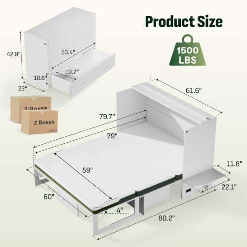 Image of Softa Queen Murphy Bed Cabinet with 4 inch Tri-Fold Mattress, Storage Drawer & Charging Station, 1200 Lb Heavy Duty Wood Wall Bed with Fold-Down Desk for Guest Room & Home Office, No Box Spring Needed