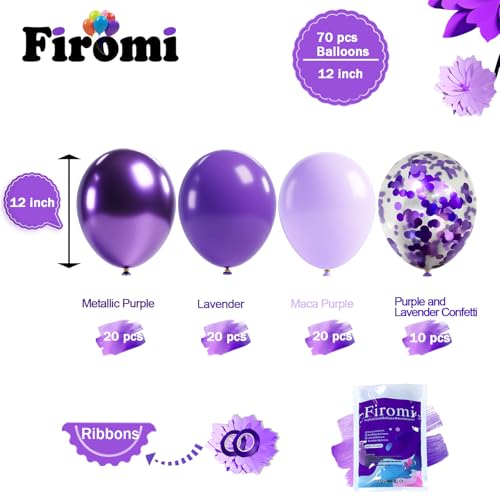 Image of Firomi Metallic Chrome Purple Balloons Set 12-inch 70 Pack (with 2 Ribbons)