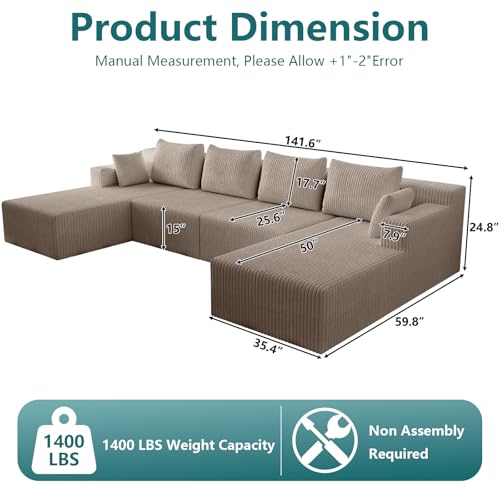 Image of 142 inch U-Shape Cloud Couch, Modern Modular Sectional U-Shape Sofa, Corduroy Boneless Couch Upholstered Couches Deep Seat Sleeper Chaise Longue for Living Room, No Assembly Required,Camel