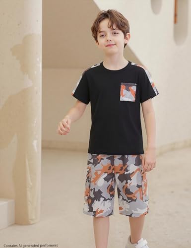Image of mksodopy Boys Summer Outfit Set 2 Piece T Shirt and Camo Shorts Casual Clothes for Little Big Boys 5-16