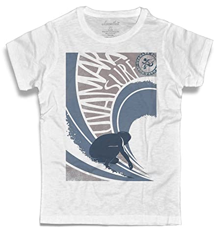 3styler Camiseta de hombre blanca Wave And Surf - Uvamara Surf Voltri Shirt - Línea Amazink - Algodón flameado (Slub) 150 g/m², Color blanco., M