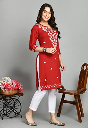 Image of QAZMI Women's Cotton Straight Embroidered Kurti (Aari Work)