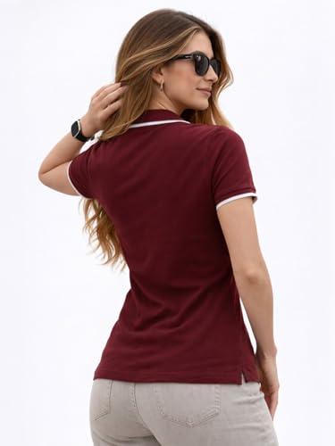 Image of JUNEBERRY Women's Regular Fit Lycra Polo T-Shirt withV- Neck Plain Contrast Piping Collar, Short Sleeves, Soft Fabric for Everyday Comfort (Sizes S to 2XL)