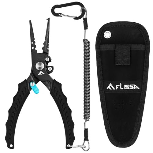 FLISSA 7-1/2 Inch Fishing Pliers, Safety Lock Design Fish Pliers Saltwater with TPR Handle, Stainless Steel hook remover with Braid Cutters, Sheath and Lanyard, Fishing Tool Gifts for Men
