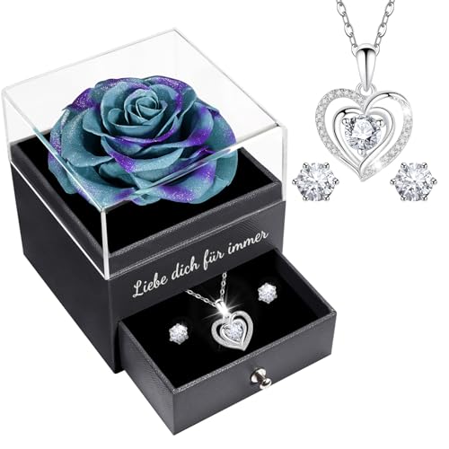 Sunia Echte Rose mit Herz Halskette und Ohrringen aus 925 Sterlingsilber, ewige Geschenke für Frauen, Freundin, Mama und Oma, Infinity Rose zum Geburtstag, Weihnachten und Valentinstag
