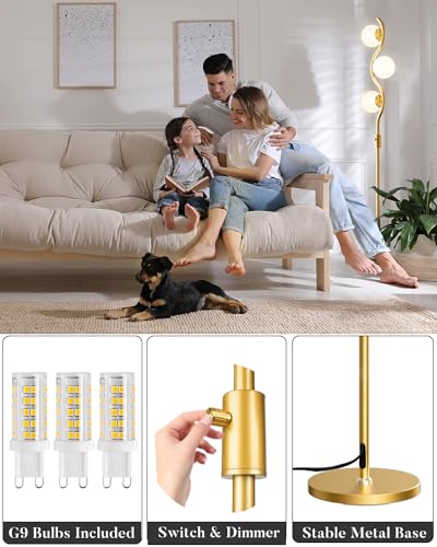 Image of 60IN Dimmable Gold Standing Lamps, Ice Crystal Modern Floor Lamp with 3000K G9 Bulbs Included, Mid Century Vintage Globe Floor Lamp for Living Room