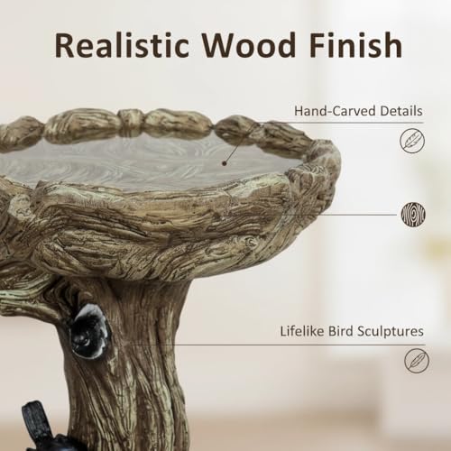 Image of SunJet 23 Inch High Wood-Look Concrete Bird Bath with Decorative Faux Bird - Birdbath Rustic & Long-Lasting Design, Enhances Garden, Patio, Yard, Lawn Decor