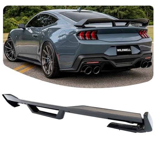 WildWell Rear Trunk Spoiler for 2024-2025 Ford Mustang GT EcoBoost Premium S650 Dark Horse Style, Mustang Rear Spoiler W/Gurney Flap Wickerbill Wing Glossy Black