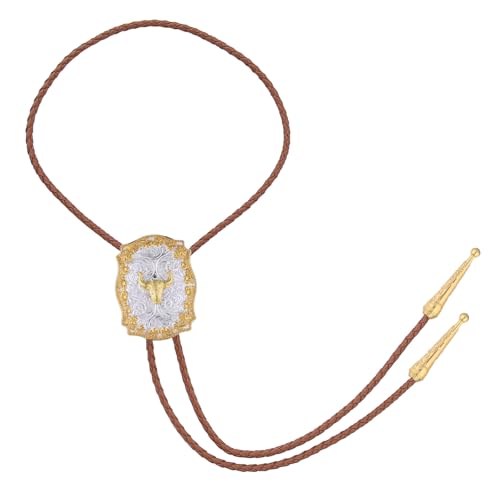 Image of GelConnie Brown Bolo Tie for Men Women Western Ties Mens Gold Bolo Tie Rodeo Cowboy Leather Necktie Cowgirl Tie Wedding