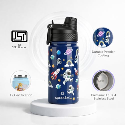 Image of Speedex Astronaut 500 Kids Vacuum Insulated Stainless Steel Water Bottle 450 ML | Double Wall Hot & Cold Sipper (Straw + Direct Sip) | Leakproof BPA Free School Water Bottle for Boys & Girls