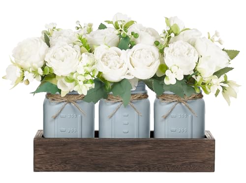 Mkono Mason Jar Table Centerpiece Decorative Wood Tray with 3 Pai...
