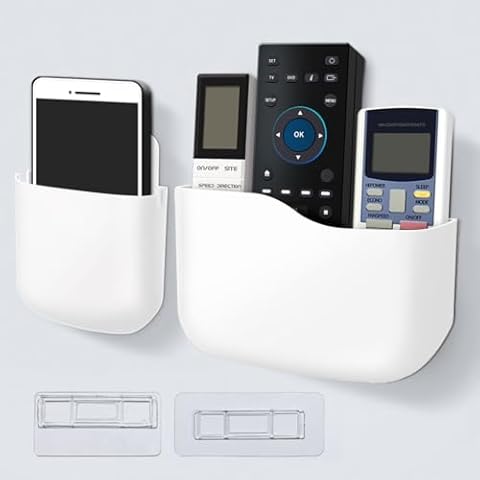 Remote Control Holder Wall Mount Set, Office Supplies Supply Organizer, Bedside Audio-Video Remote Control Shelving, with Self Adhesive Caddy Storage Box, White Wall Phone Stand Mail Sorters Cover