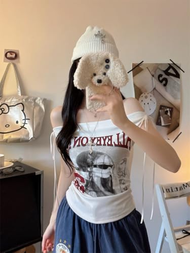Image of ICW Women's Graphic Print Ruched Side-Tie with Bra Pads Off-Shoulder Vintage Streetwear Sleeveless Cami Crop Top Dn5152