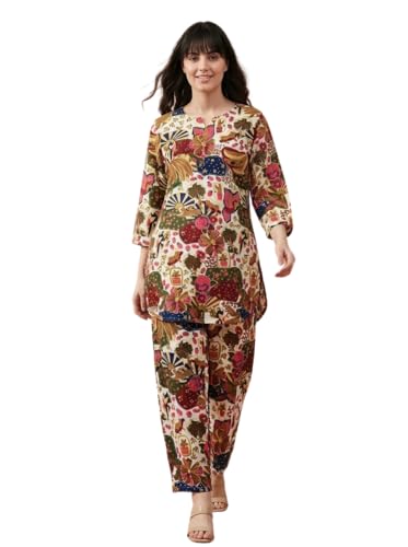 Image of Bee M Pee Designer Trendy Floral Printed Poly Rayon Cotton Kurta Coord Sets for Women | Stylish Casual Kurti Tunic Cord Set with Pant for Woman for Office