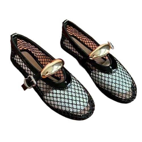 ZQW Hollow Out Fishnet Flats Women Mesh Ballet Shoes Slip On Sexy Mary Jane Metal Buckle Flat Comfortable Summer Dressy Beach