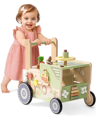 ROBOTIME Lauflernwagen Holz, Baby Lauflernhilfe im Bauernhof-Thema mit Rädern, Geschwindigkeits und Höhenregulierung, 3-in-1-Spielcenter mit Zahnrädern, Geschenke für Babys ab 10 Monate