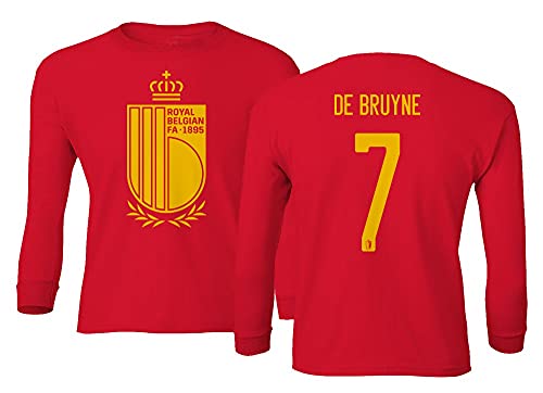 European Soccer 2022 Belgium #7 Kevin DE BRUYNE Jersey Style Boys Girls Youth Long Sleeve T-Shirt (Red, Youth - Large)