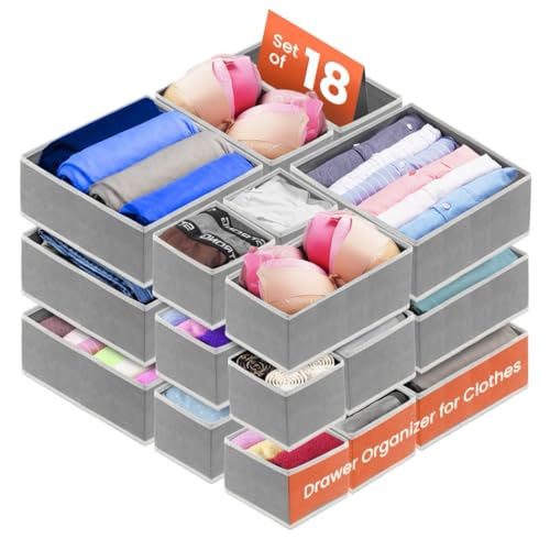 Image of RFAQK 18 Pack Drawer Organizer Clothes-3 Sizes (L, M, S) Dresser Drawer Organizer-Baby Drawer Organizer for Nursery-Foldable Fabric Drawer Dividers for Underwear, Bedroom, Lingerie, Undies, Bra-Grey
