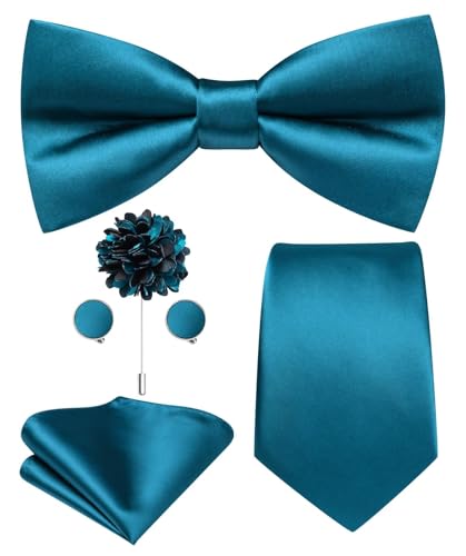 Image of Hi-Tie 5Pcs Mens Solid Color Silk Tie Satin Pretied Bowtie Lapel Pin for Men Handkerchief Cufflink Wedding Gift Box