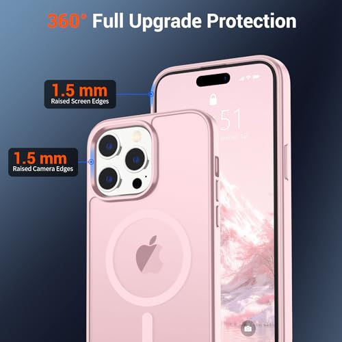 Image of SUPFINE Magnetic for iPhone 14 Pro Max Case with Screen Protector (Compatible with MagSafe) (Military Grade Drop Protection) Translucent Matte Shockproof Phone Cover,Light Pink