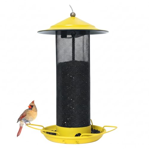 KiRuan Deco Finch Feeders for Outside,Thistle Bird Feeders for Outdoors Hanging,Metal Mesh Tube Bird Feeder 12 Inch with 17cm Weatherproof Large Roof&Tray,3 Feeding Perches,Yellow,1 Pack