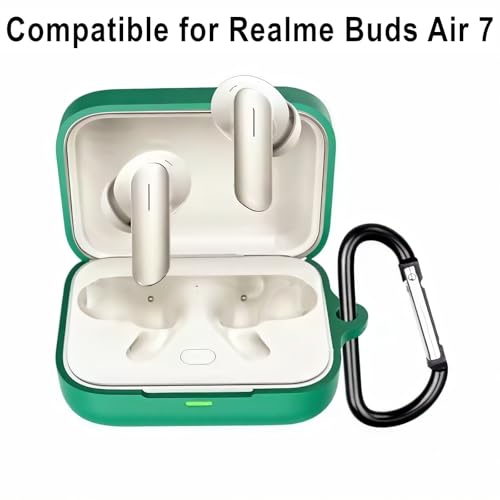Image of Silicone Case Compatible with Realme Buds Air 7 | 7 Pro (2025), Soft Silicone 360 Full Protection Dust-Proof Shockproof Case Cover with Hook (Cover Only) (Loki), Green