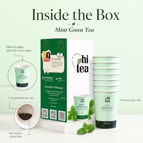 Image of HI TEA Mint Green Tea | Just Add Hot Water | Instant Green Tea Cups | 8 Cups /Box