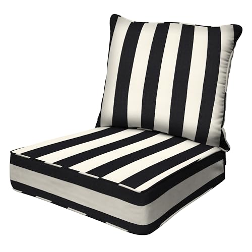Honeycomb Cojines profundos para patio con diseño de rayas negras y marfil: relleno de espuma resistente, cojines de patio resistentes a la intemperie, juego de 2 piezas, asiento: 24 x 23 x 6.5
