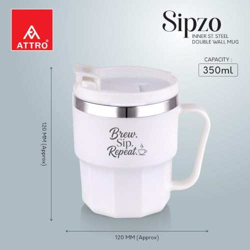 Image of ATTRO Sipzo Double Wall Inner Steel Coffee Mug, 350ml, Microwave Safe, Stainless Steel Inner, BPA Free Food Grade Outer, Leakproof Lid with Dust Cover, Wide Mouth, Office & Travel Mug-White