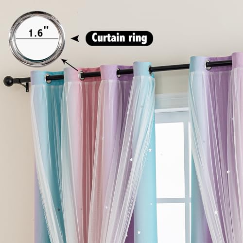 Image of indistar Colourful Stripe Star Cut-Out Blackout Curtains for Bedroom,2 Layers Mix Design of Fabric & Tulle,Pretty Window Curtain for Kids Room 1 Panel (W52 x L63 Purple Pink Green)