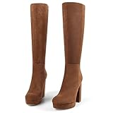 zhsrin Brown Suede Platform Knee High Boots for Women with Chunky Heel Round Toe Side Zipper Tall Long Gogo Boots 8
