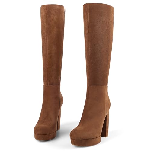 zhsrin Brown Suede Platform Knee High Boots for Women with Chunky Heel Round Toe Side Zipper Tall Long Gogo Boots 8