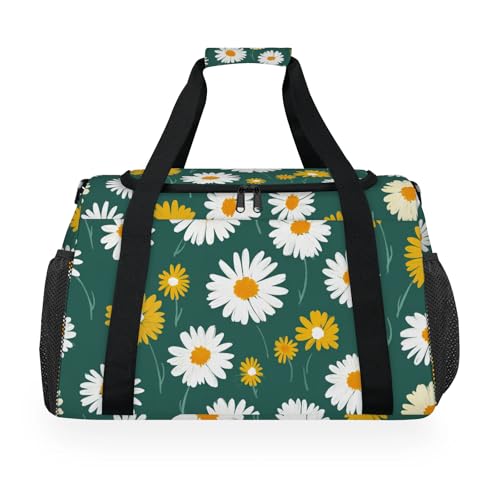 Daisy White Yellow Travel Duffel Bag Weekender Overnight Bags for Women Men Foldable Waterproof Tote Bag with Trolley Sleeve
