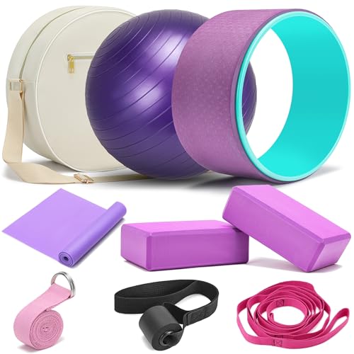 HNCTINNO Yoga Wheel Set, Wheel Foam Roller for Back Pain & Stretching, Yoga Blocks 2 Pack with Strap, Trigger Point Therapy Massage Ball for Deep Tissue, 500lbs Capacity, Back Cracker Roller