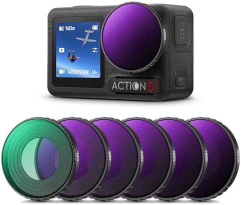 K&F CONCEPT 6er Pack CPL, ND Filtersets für DJI Osmo Action 5 PRO | CPL, ND8, ND16, ND32, ND64, ND256 Filter Schraubenbefestigung, Polfilter, Polarisierende Neutral Density HD Glas