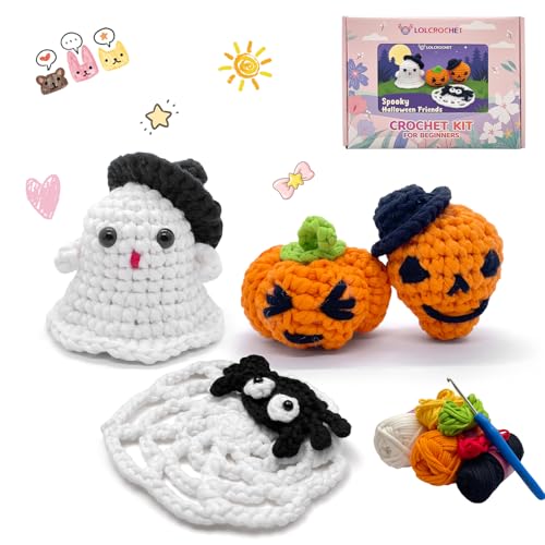 Crochet Kit for Beginners, Learn Crochet Halloween Kit, Include Video Tutorial & Manual, Easy Knitting Yarn for Adult & Kid 12+, DIY Holiday Gift Idea(4pcs Pumpkin Ghost & Spider)