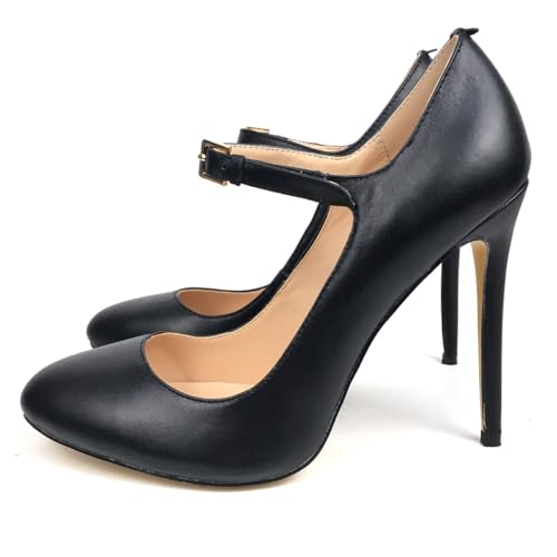 Elegant Women's Round Toe High Heel Pumps with Straps Mary Jane Stiletto Heels Ladies Work Shoes for Office Black