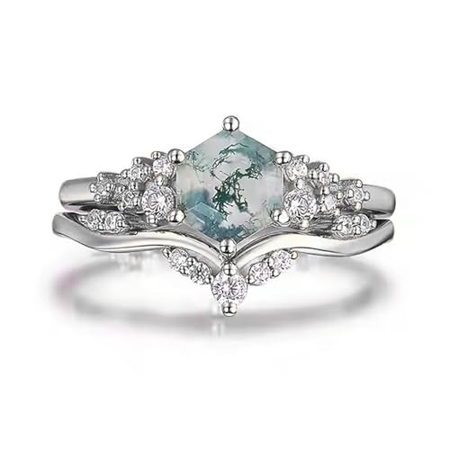 Moss Agate Bridal Ring Set Sterling Silver 10K/14K/18K/22K Solid Gold Leaf Moss Agate Wedding Ring Sets for Women Coffin/Oval/Pear/Kite/Hexagon Shaped Natural Moss Agate Ring Sets Size 4-12