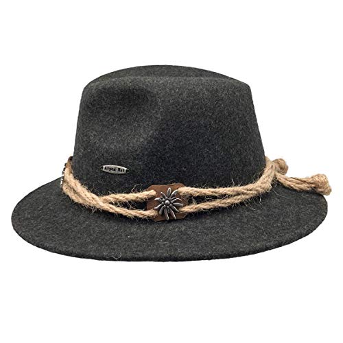 Oktoberfest Haus - German Hat Men and Women - German Style Charcoal Alpine Tyrolean Wool Hat with an Edelweiss Pin & Rope |100% Wool Alpine Tyrolean Fedora - Oktoberfest Accessory Black